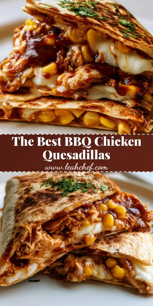 A stack of sliced BBQ Chicken Quesadilla wedges on a white plate, showing melted mozzarella, dark mahogany sauce, and sweet corn kernels.