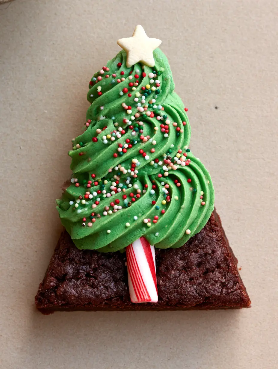 Close-up of a dense fudgy brownie triangle with green buttercream swirls and multi-colored nonpareils. (Christmas Brownie Recipes)