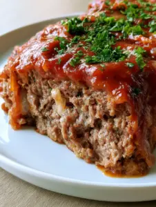 Close-up shot of Amish Meatloaf showing the moist interior texture and translucent onion bits.