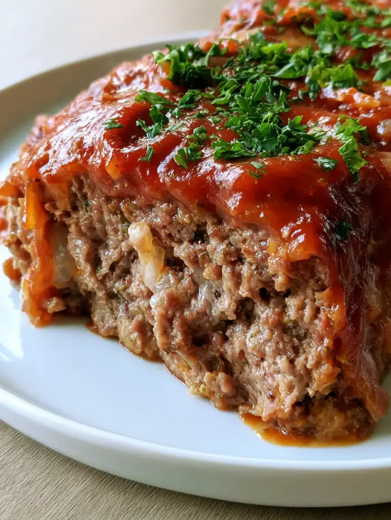 Amish Meatloaf: The Ultimate Old-Fashioned Comfort Food Recipe 2 Close-up shot of Amish Meatloaf showing the moist interior texture and translucent onion bits.