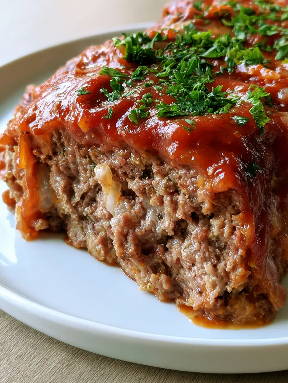 Amish Meatloaf: The Ultimate Old-Fashioned Comfort Food Recipe 4 Close-up shot of Amish Meatloaf showing the moist interior texture and translucent onion bits.