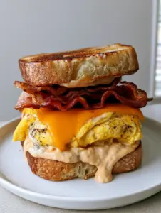 Close up of the layers in a Spicy Chipotle Breakfast Sandwich: folded egg with black pepper, melted cheddar, and wavy reddish-brown bacon on sourdough.