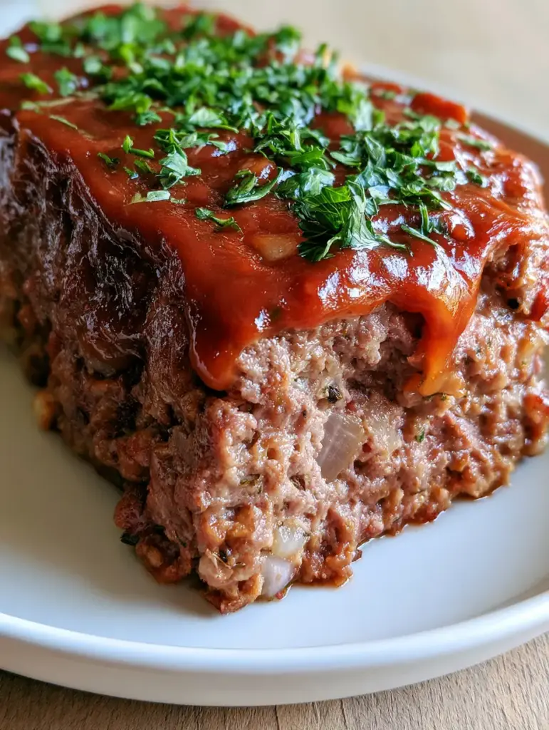 Amish Meatloaf: The Ultimate Old-Fashioned Comfort Food Recipe 1 High-angle view of Amish Meatloaf with caramelized glaze edges on a light wood surface.