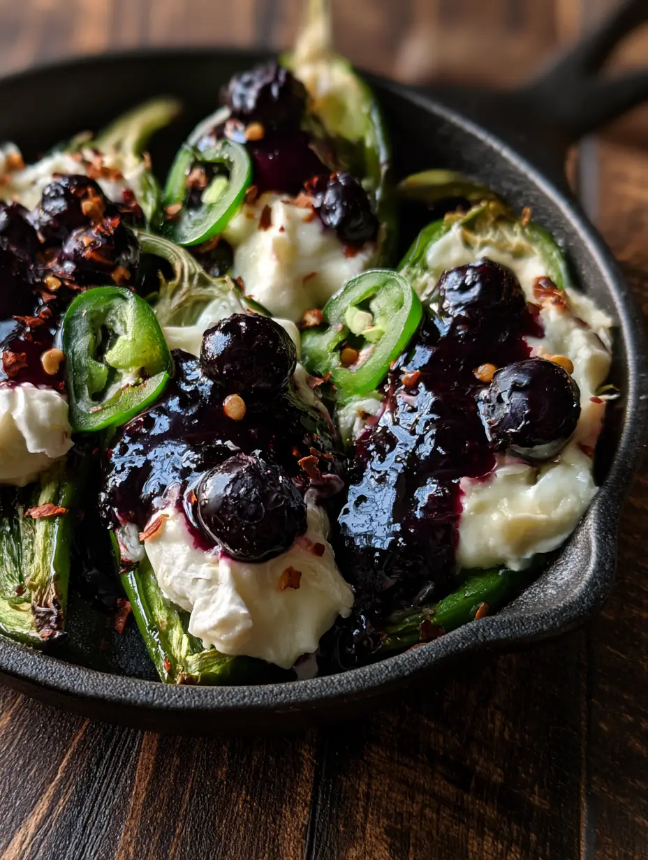 Blueberry Brie Jalapeño Poppers: The Ultimate Sweet and Spicy Gourmet Appetizer 3 Overhead smartphone photo of Blueberry Brie Jalapeño Poppers in a cast iron skillet on a dark wooden table.