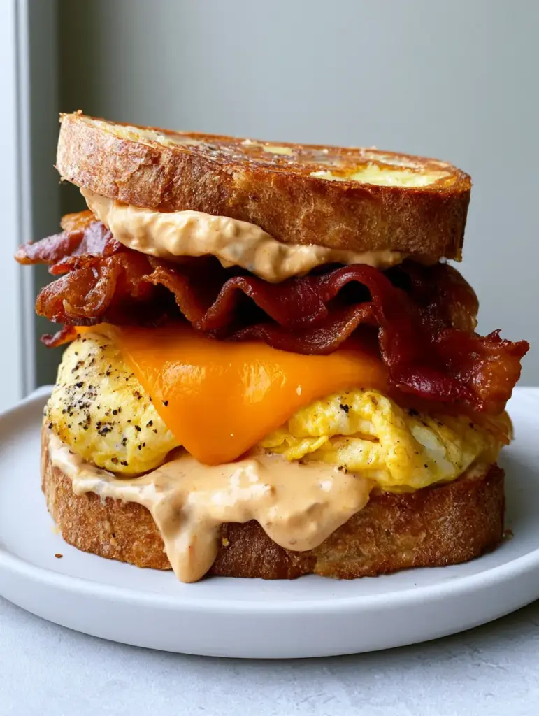 Spicy Chipotle Breakfast Sandwich with Crispy Bacon and Sourdough 1 Two Spicy Chipotle Breakfast Sandwiches stacked on a white ceramic plate against a neutral background.