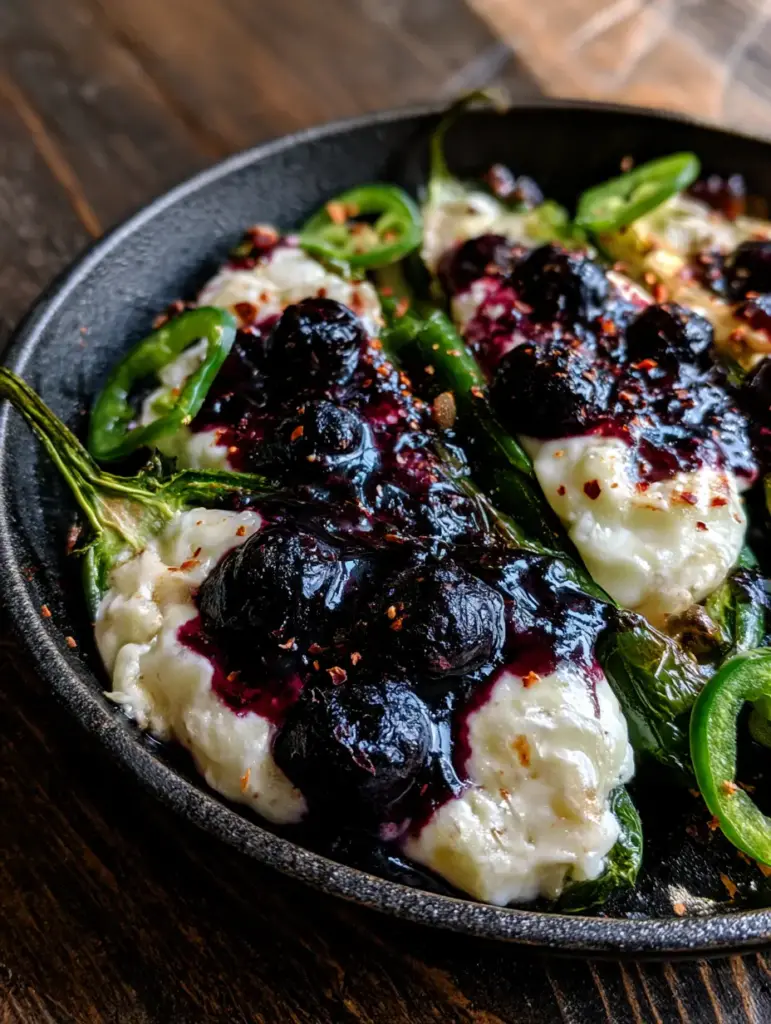 Blueberry Brie Jalapeño Poppers: The Ultimate Sweet and Spicy Gourmet Appetizer 1 Close up shot of melted brie overflowing from a roasted jalapeño, topped with dark purple blueberry compote and red chili flakes.
