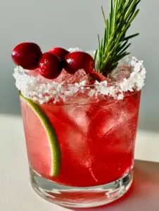 Close up shot of a Mistletoe Margarita showing the vibrant translucent ruby red color and jagged ice cubes.