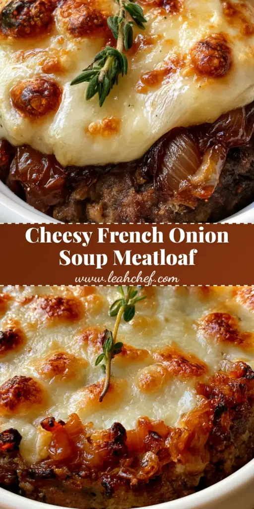 A close-up of French Onion Meatloaf in a white ramekin topped with mahogany caramelized onions and toasted Swiss cheese bubbles, garnished with a thyme sprig.