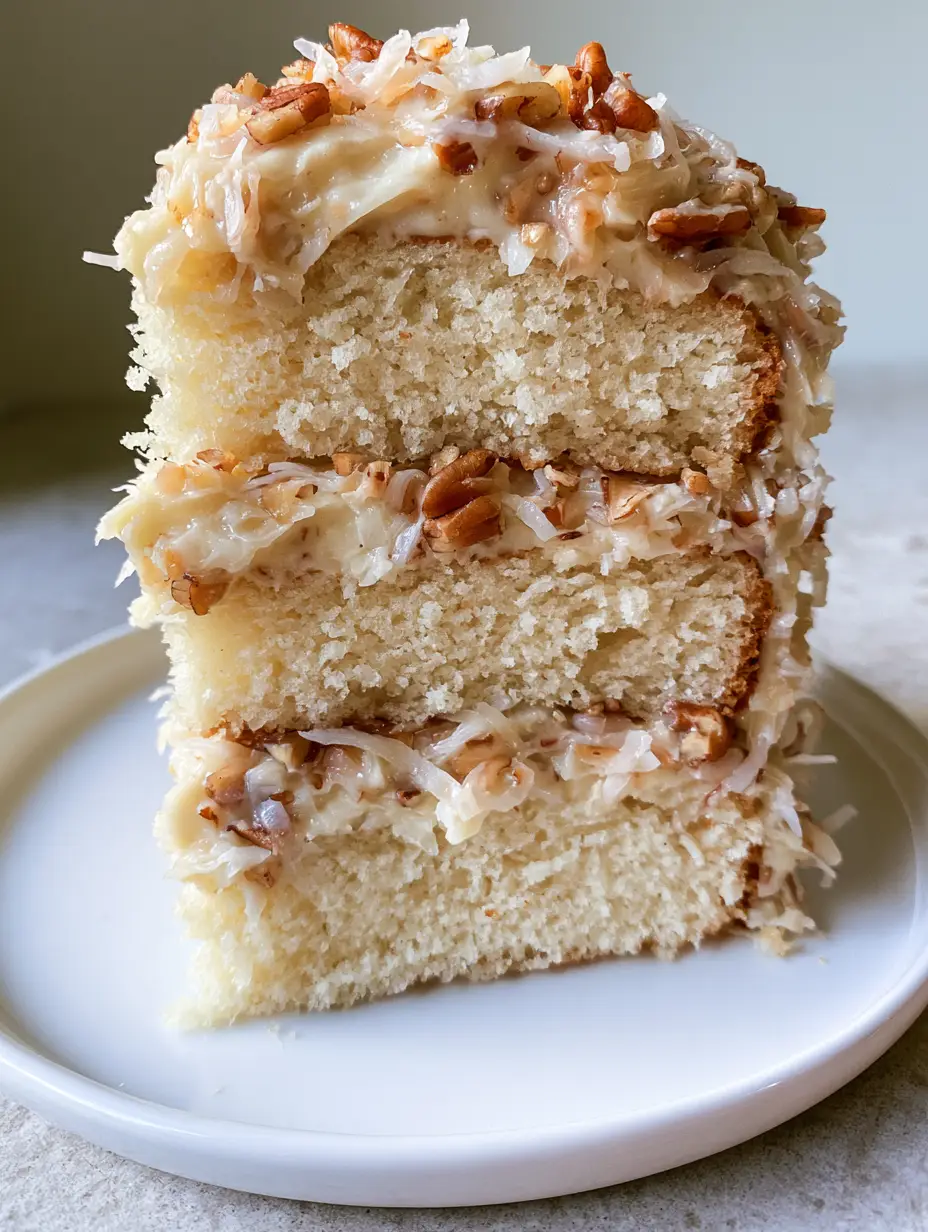 White German Chocolate Cake with Coconut Pecan Frosting 4 A handheld smartphone photo of a tall slice of White German Chocolate Cake showing the clean edges of the ivory sponge layers.