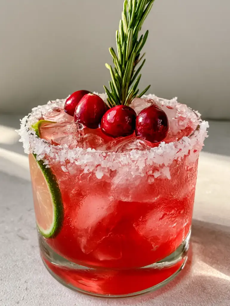 Mistletoe Margarita: The Ultimate Festive Cranberry Christmas Cocktail 1 Mistletoe Margarita on a neutral background with soft daylight highlighting the condensation on the glass.