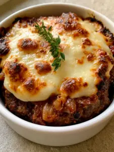 Handheld photo showing the dark brown textured base of a French Onion Meatloaf with molten Swiss cheese and charred edges.