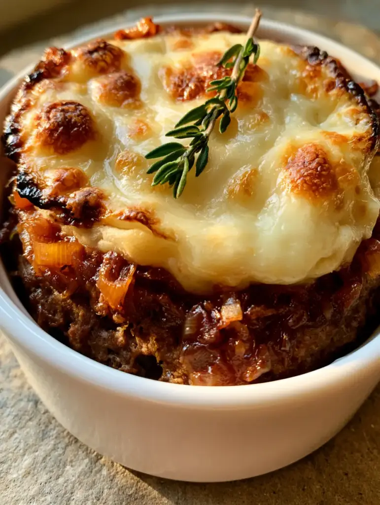 Side view of a mini French Onion Meatloaf in a round white ceramic ramekin with fresh green thyme garnish.