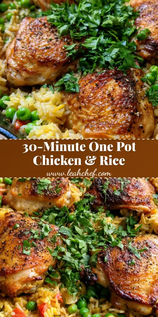 One Pot Chicken and Rice: The Ultimate Crispy Skillet Dinner 4 A black cast iron skillet containing One Pot Chicken and Rice with crispy skin chicken thighs, yellow rice, green peas, and red pimientos.