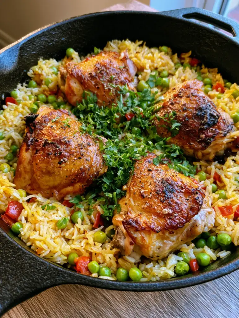 Top down view of crispy chicken thighs in a cast iron pan with yellow rice and peas. (One Pot Chicken and Rice)