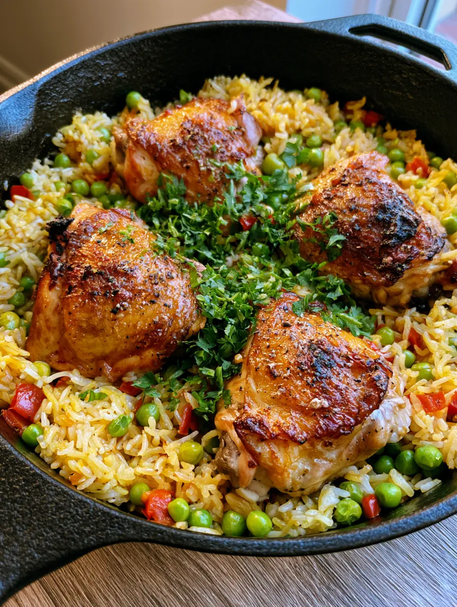 One Pot Chicken and Rice: The Ultimate Crispy Skillet Dinner 3 Top down view of crispy chicken thighs in a cast iron pan with yellow rice and peas. (One Pot Chicken and Rice)