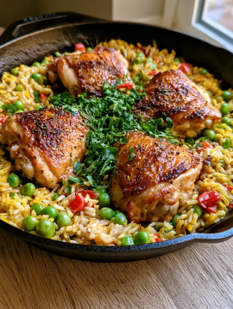 One Pot Chicken and Rice: The Ultimate Crispy Skillet Dinner 1 Close up of fluffy yellow rice with green peas, red pimientos, and cracked black pepper.