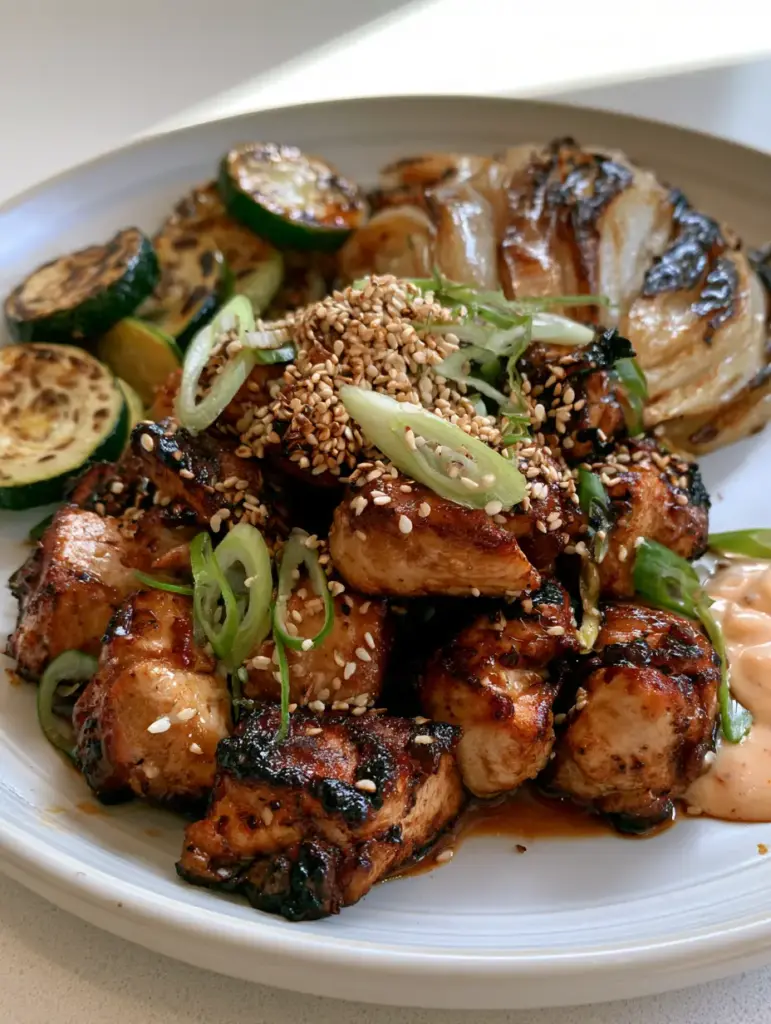 Close-up of seared chicken breast cubes with a glossy dark brown soy glaze and charred edges topped with sesame seeds. (Hibachi Chicken Recipe)