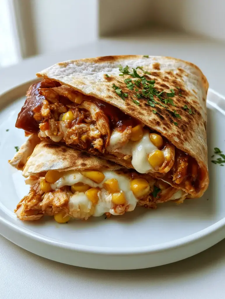 Close up of the inside of a BBQ Chicken Quesadilla wedge revealing shredded chicken, melted white cheese, and yellow corn.
