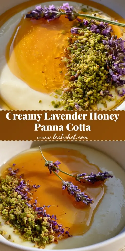Lavender Honey Panna Cotta with Pistachios and Golden Honey 4 A minimalist white bowl featuring Lavender Honey Panna Cotta topped with golden honey, green pistachios, and fresh lavender.