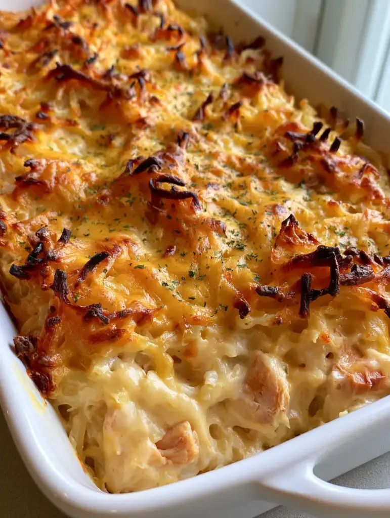 Overhead view of Chicken Hashbrown Casserole in a white baking dish showing crispy dark brown potato edges and melted yellow cheese.