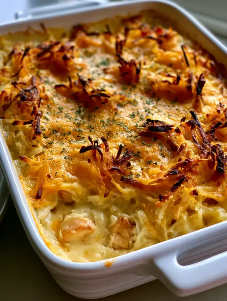 Chicken Hashbrown Casserole With a Crispy Cheddar Crust 1 Close-up of bubbling cheddar cheese and dried green parsley flakes on top of a Chicken Hashbrown Casserole.