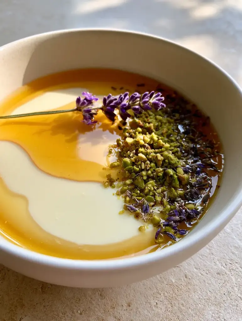 Close-up of smooth creamy Lavender Honey Panna Cotta in a white ceramic bowl.