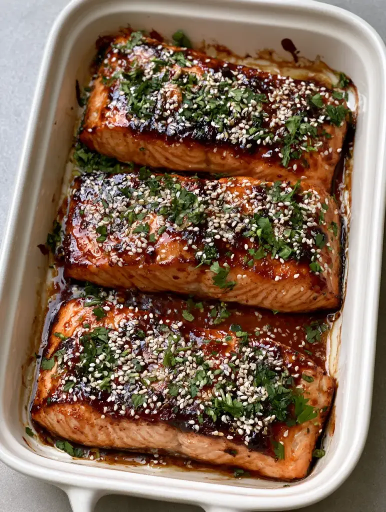 Three thick skinless salmon fillets in a white baking dish with a dark amber brown sugar glaze and green parsley. (Brown Sugar Glazed Salmon)