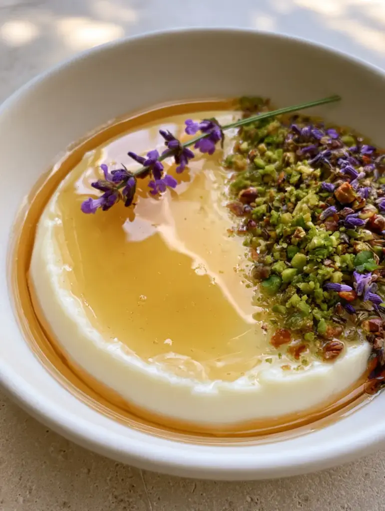 Lavender Honey Panna Cotta with Pistachios and Golden Honey 1 Overhead view of Lavender Honey Panna Cotta showing the translucent honey glaze and pistachio cluster garnish.
