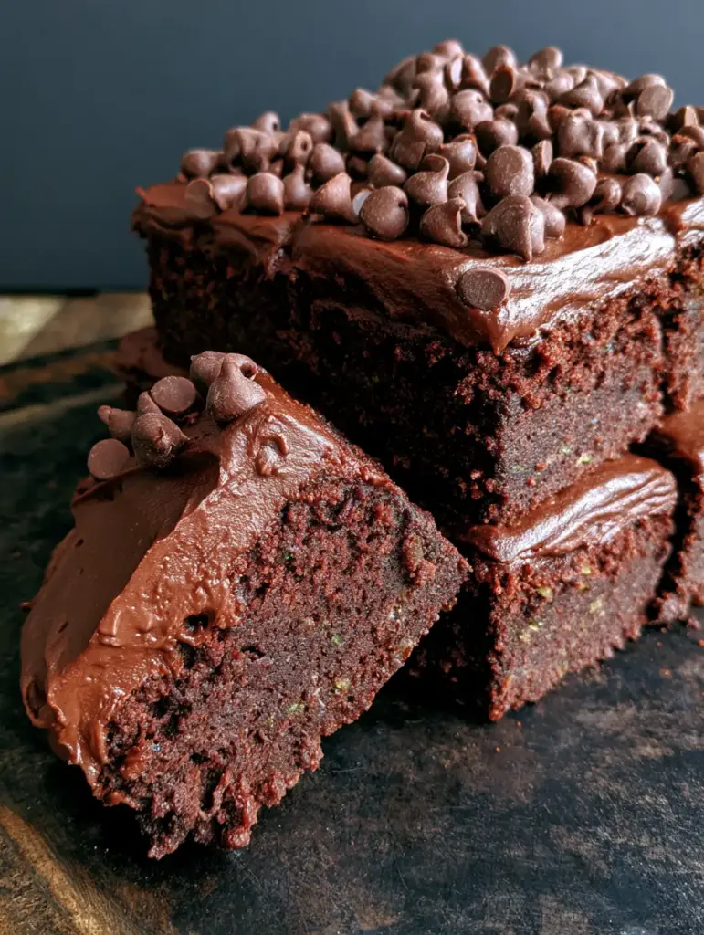 Close-up of a dense, dark chocolate zucchini brownie showing a moist interior with subtle green zucchini flecks.