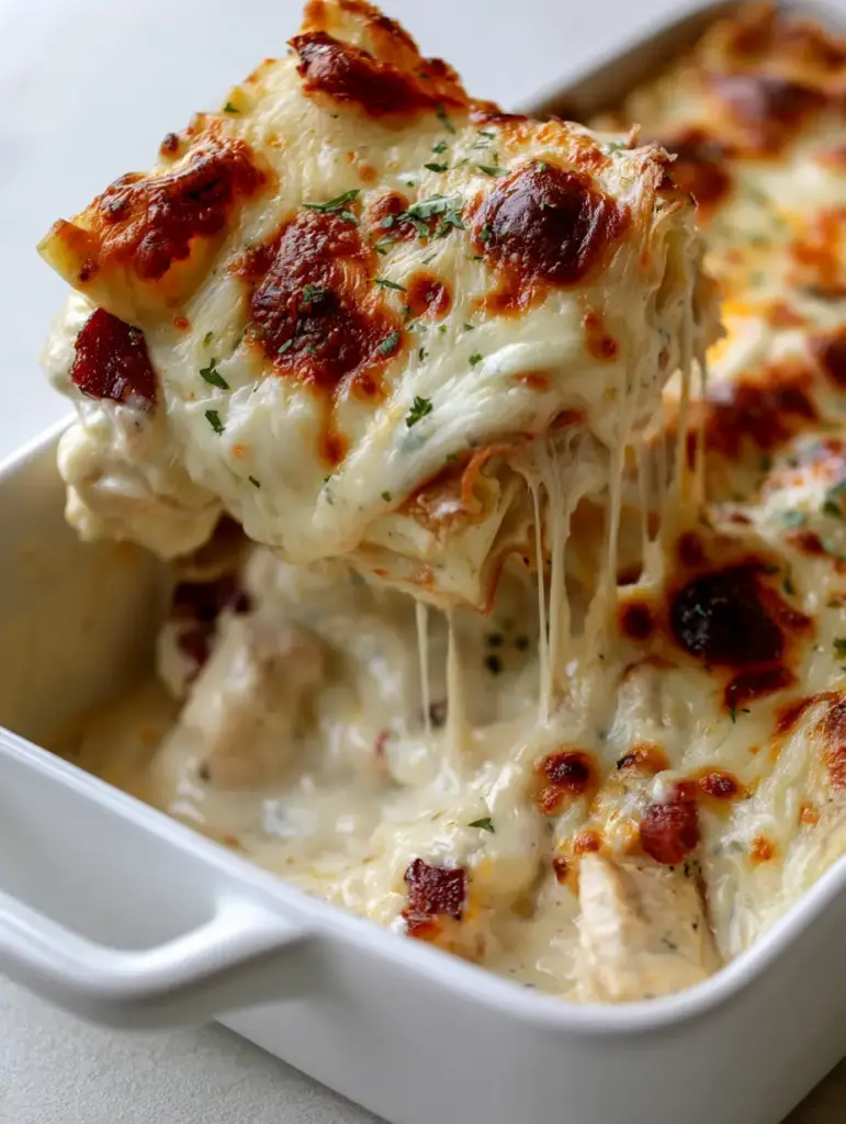 Chicken Bacon Ranch Lasagna: The Ultimate Creamy Comfort Food 1 A side view showing the stacked lasagna noodles and thick white cream sauce of the Chicken Bacon Ranch Lasagna.