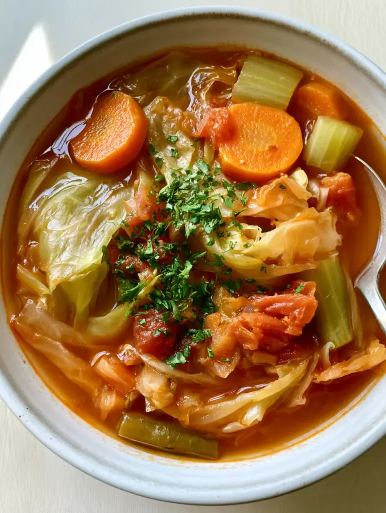 Close-up of Fat-Burning Cabbage Soup showing tender circular carrot slices and soft shredded cabbage in a savory tomato base.