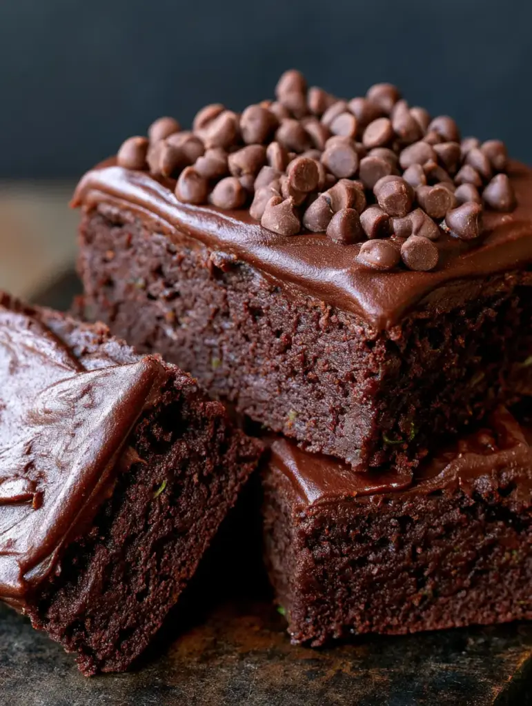 Chocolate Zucchini Brownies: The Ultimate Fudgy Hidden-Veggie Treat 1 Square-cut brownies with clean edges topped with glossy chocolate ganache and scattered mini chocolate chips.