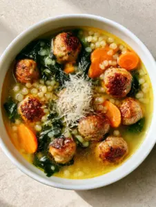 Close-up of Italian Wedding Soup Recipe showing browned mini meatballs, wilted spinach, and bright orange carrot coins submerged in a golden chicken broth.