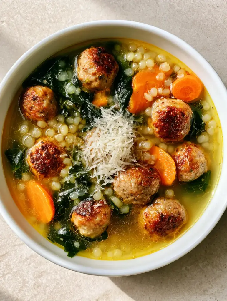 Close-up of Italian Wedding Soup Recipe showing browned mini meatballs, wilted spinach, and bright orange carrot coins submerged in a golden chicken broth.