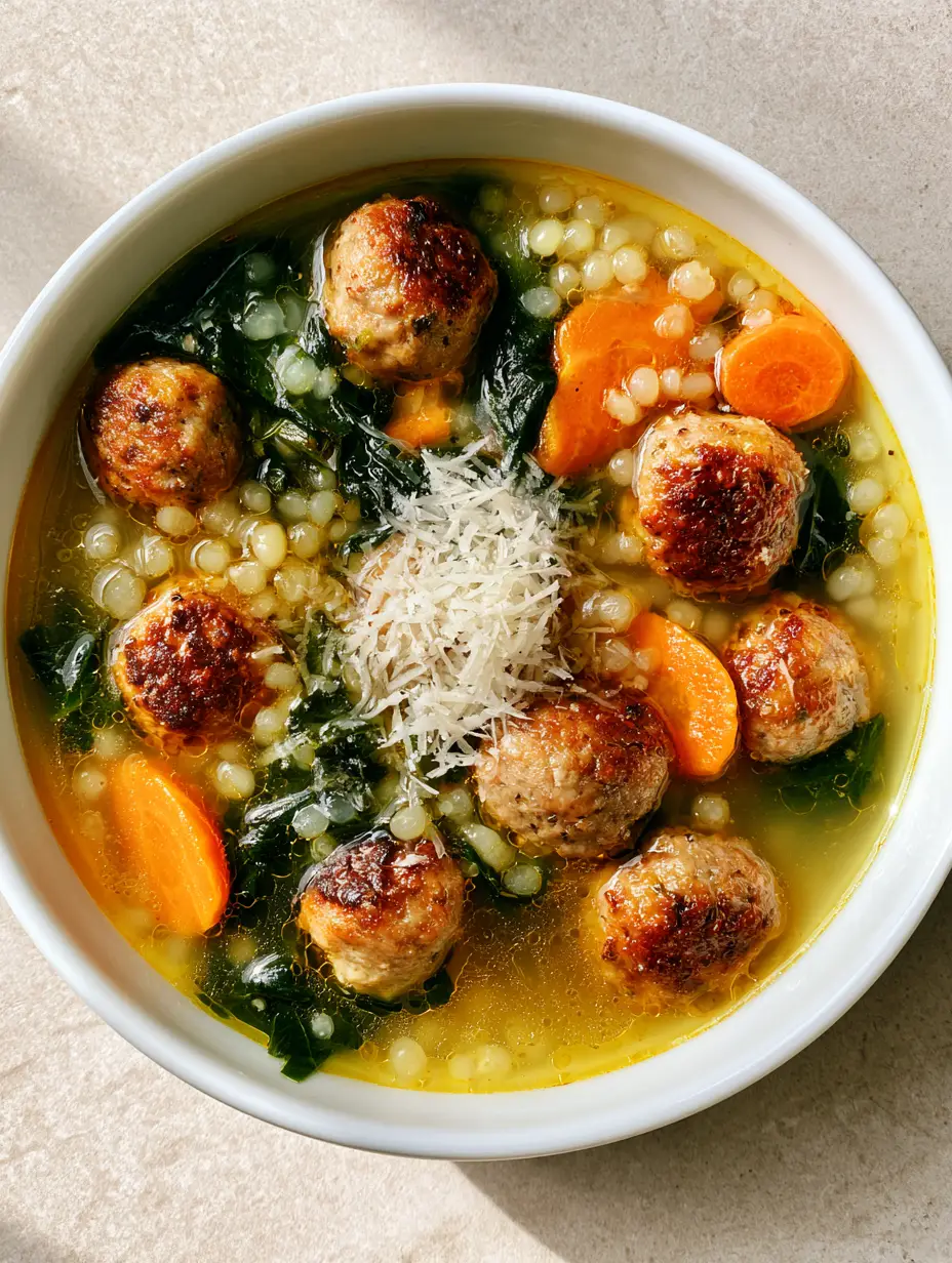 Italian Wedding Soup Recipe: A Classic Clear Broth Comfort Bowl 3 Close-up of Italian Wedding Soup Recipe showing browned mini meatballs, wilted spinach, and bright orange carrot coins submerged in a golden chicken broth.
