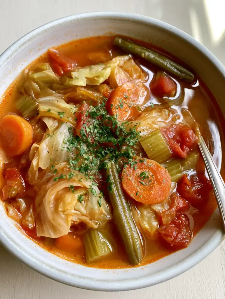 Fat-Burning Cabbage Soup: The Ultimate Metabolism-Boosting Recipe 1 A handheld smartphone style photo of a bowl of cabbage soup with green bean segments and fresh parsley scattered across the surface.