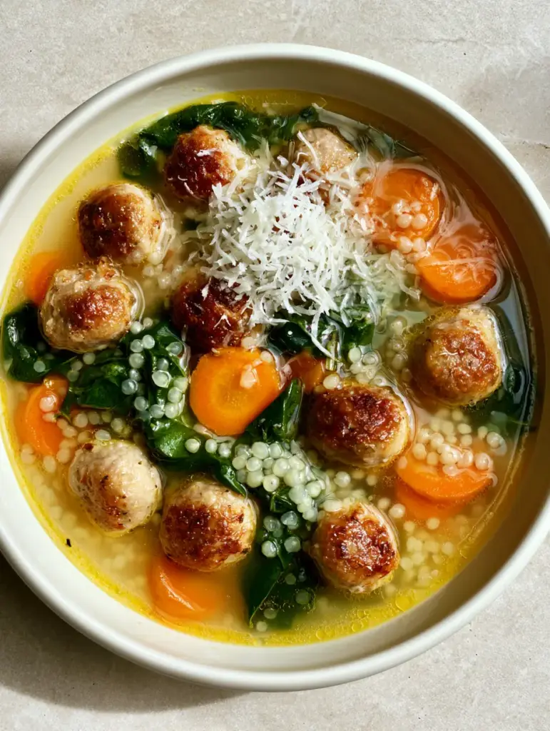 Italian Wedding Soup Recipe: A Classic Clear Broth Comfort Bowl 1 A steaming bowl of Italian Wedding Soup Recipe topped with a delicate pile of finely shredded parmesan cheese on a grey stone surface.