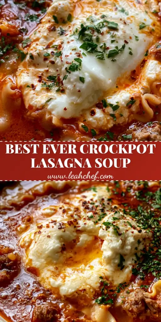 Crockpot Lasagna Soup: The Ultimate Easy Slow Cooker Comfort Food 4 A ceramic bowl of Crockpot Lasagna Soup with a deep red tomato broth, wavy noodles, and a creamy ricotta dollop garnished with parsley.