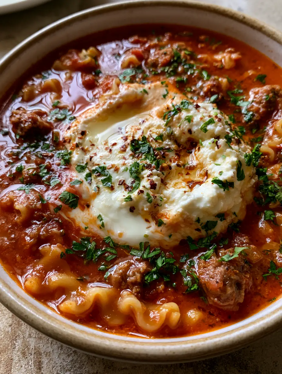 Crockpot Lasagna Soup: The Ultimate Easy Slow Cooker Comfort Food 3 Close-up of Crockpot Lasagna Soup featuring browned ground beef, wavy noodle fragments, and a melting ricotta center.