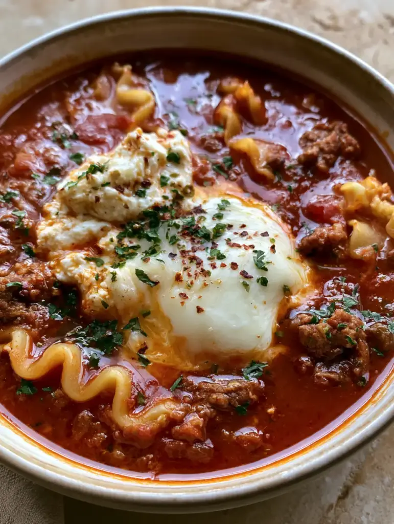 Crockpot Lasagna Soup: The Ultimate Easy Slow Cooker Comfort Food 1 A high-angle shot of lasagna soup in a ceramic bowl showing the oily sheen of the tomato broth and fresh parsley garnish.