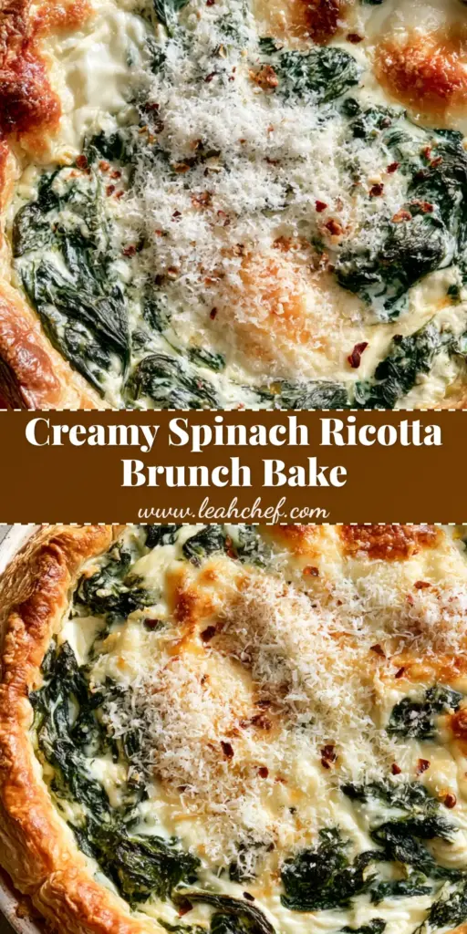 Spinach Ricotta Brunch Bake: The Ultimate Flaky Savory Tart 3 A top-down shot of a Spinach Ricotta Brunch Bake in a rustic white dish with golden flaky pastry and toasted cheese.