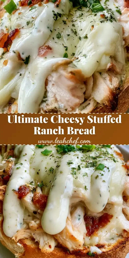 Chicken Bacon Ranch Stuffed Bread: The Ultimate Cheesy Baguette 3 A handheld smartphone photo of a toasted Chicken Bacon Ranch Stuffed Bread on parchment paper, showing melted mozzarella and ranch drizzle.