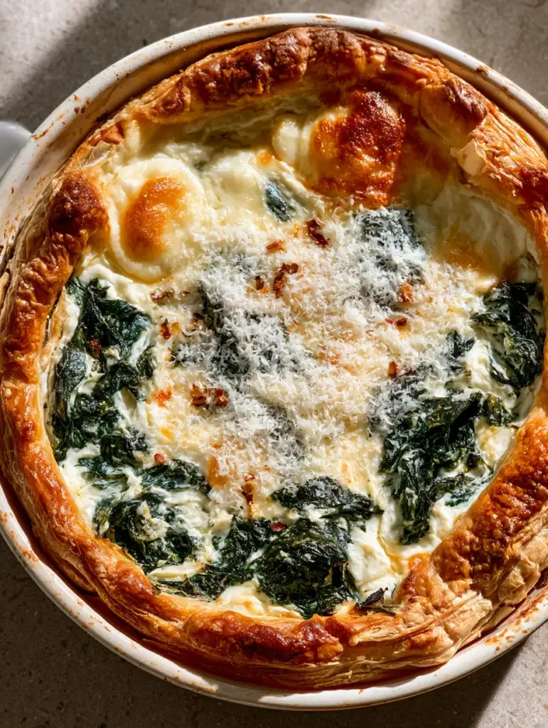 Close up of the creamy ricotta filling and wilted spinach in the Spinach Ricotta Brunch Bake.