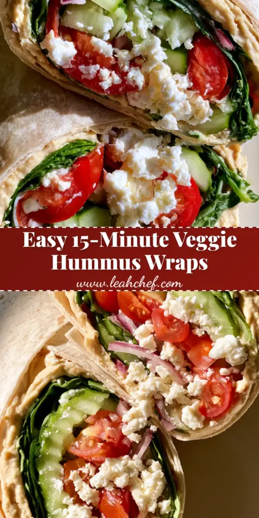 Mediterranean Veggie Wraps With Creamy Hummus and Feta 4 A close-up diagonal slice of Mediterranean Veggie Wraps showing layers of hummus, spinach, cucumbers, tomatoes, and feta cheese.