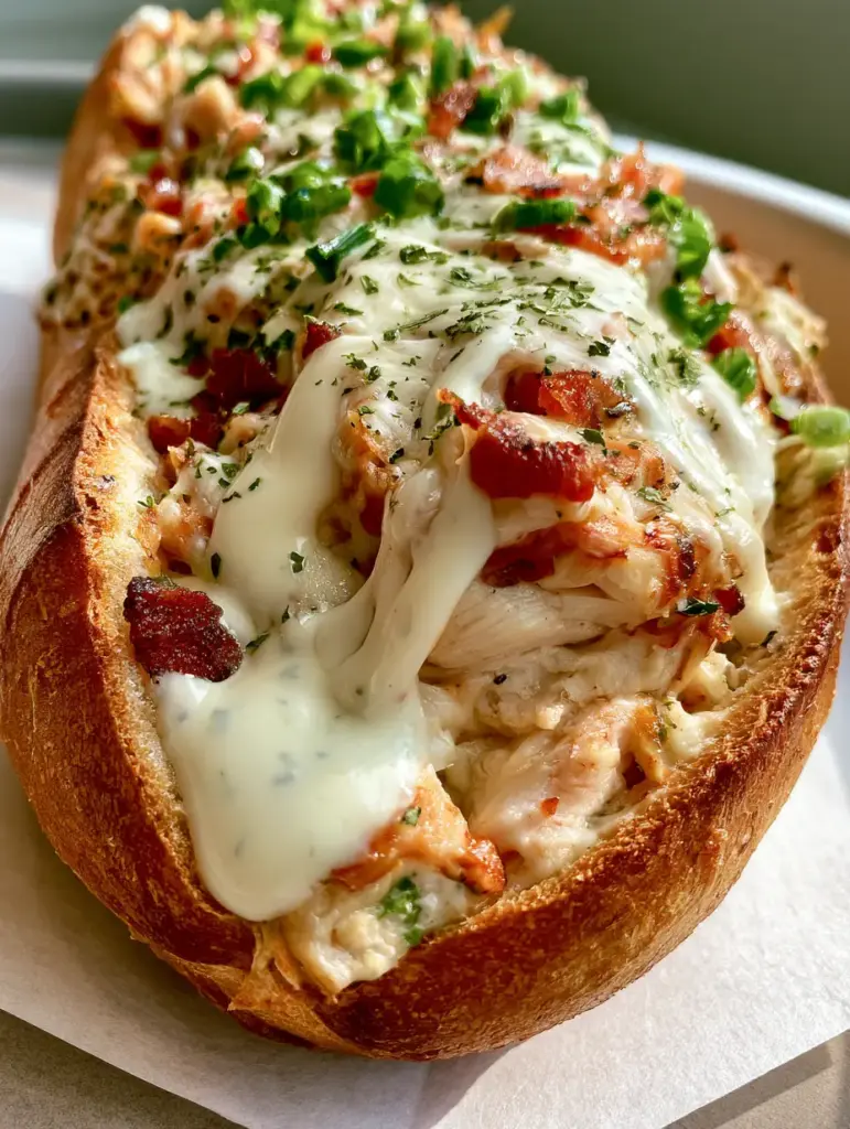 Close up of melted white mozzarella cheese and crispy bacon bits inside a toasted French baguette. (Chicken Bacon Ranch Stuffed Bread)