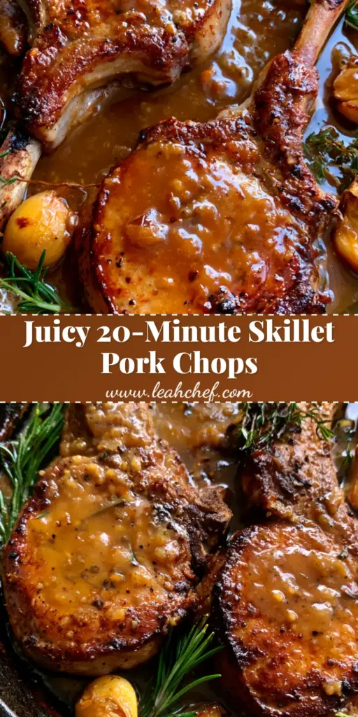 A close-up of two Brown Sugar Pork Chops in a cast iron skillet with a glossy amber glaze, fresh rosemary, and roasted garlic.