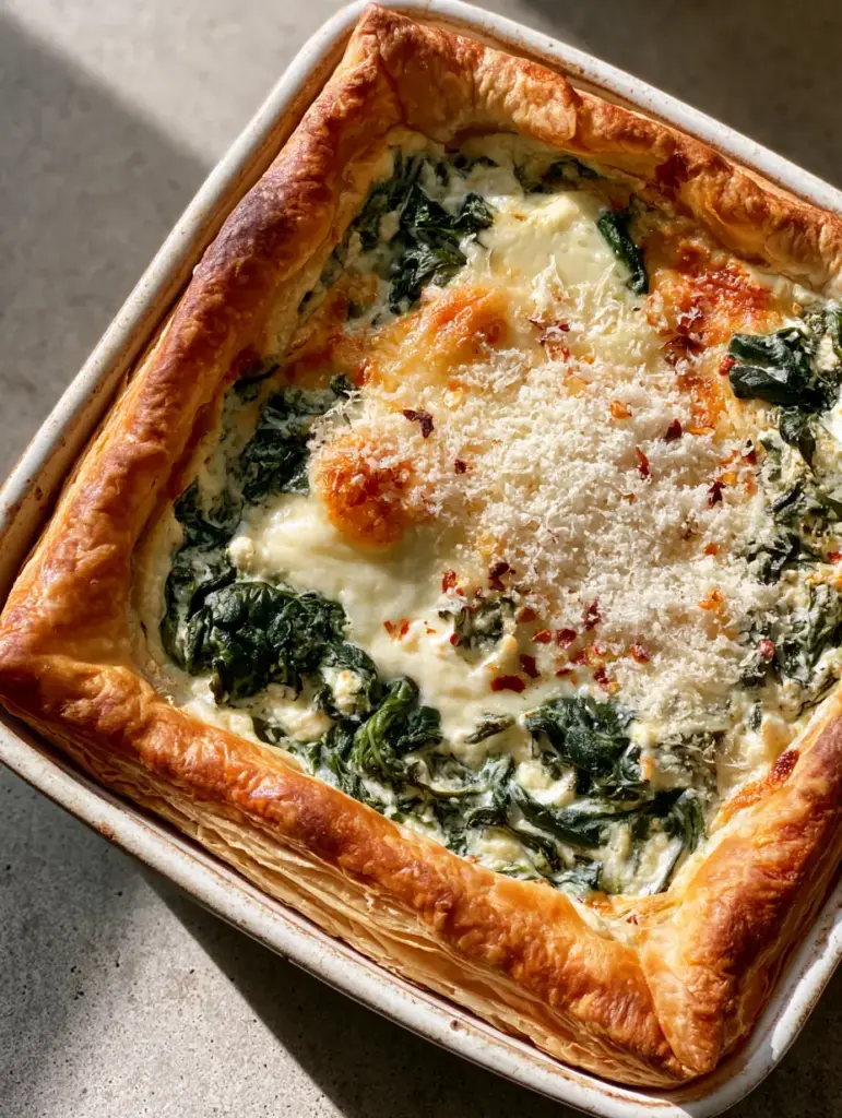 Spinach Ricotta Brunch Bake: The Ultimate Flaky Savory Tart 1 Spinach Ricotta Brunch Bake topped with melted mozzarella and toasted parmesan cheese.