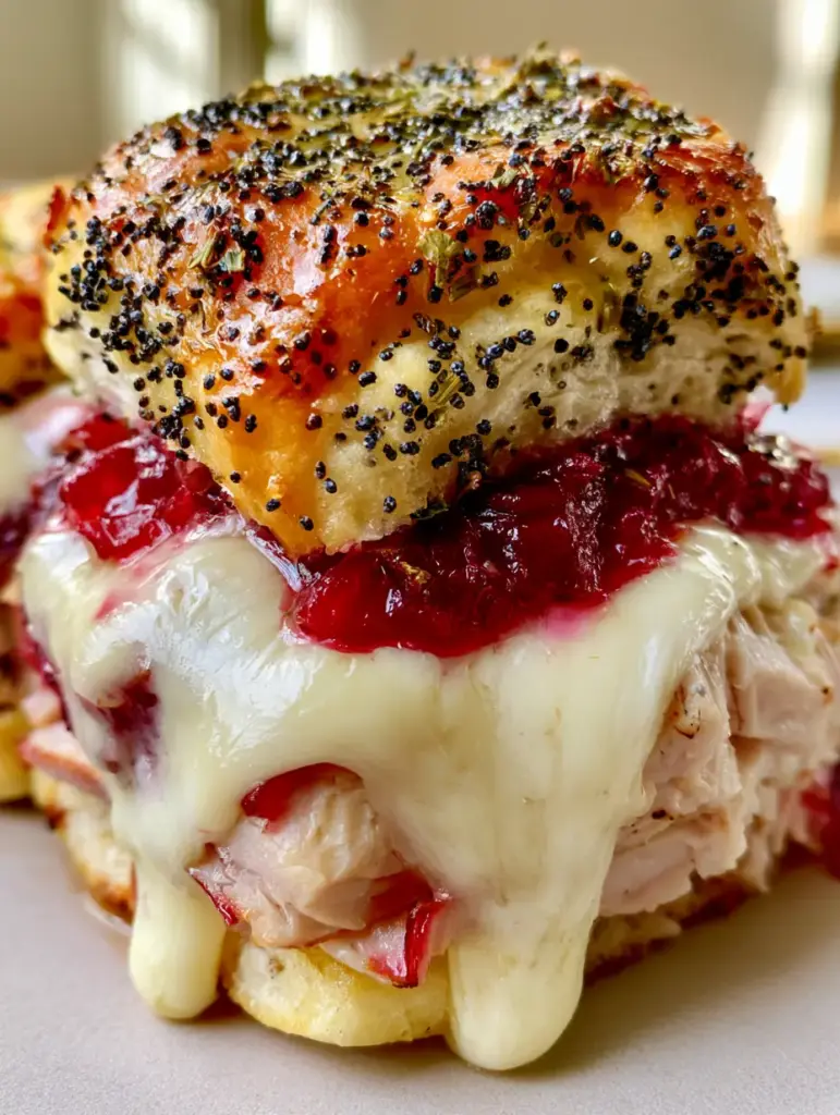 Turkey Cranberry Sliders with Melted Havarti and Herb Butter 1 A side view of Turkey Cranberry Sliders showing thick turkey layers and melted white Havarti cheese.