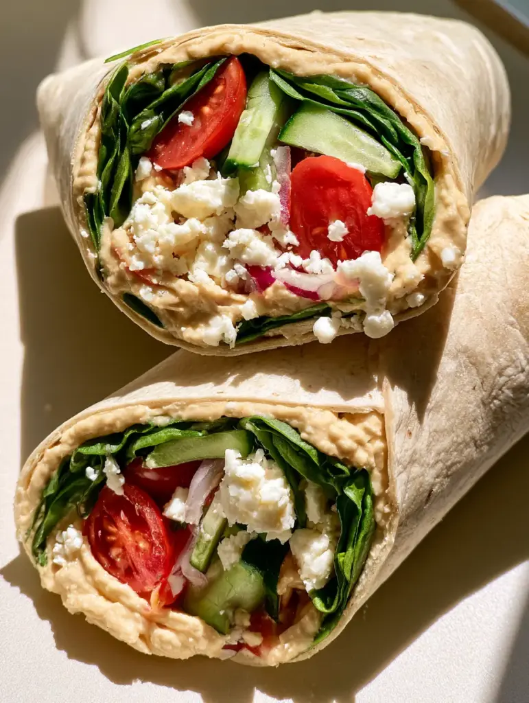 Home 6 Top-down view of two Mediterranean Veggie Wraps sliced diagonally on a neutral background.