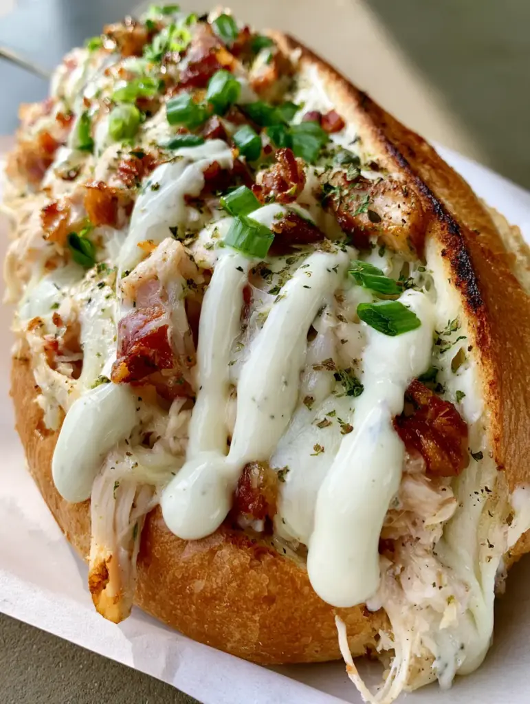 Chicken Bacon Ranch Stuffed Bread: The Ultimate Cheesy Baguette 1 A golden-brown toasted baguette stuffed with chicken, bacon, and ranch, garnished with green scallions and parsley.